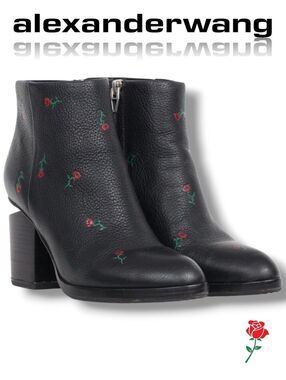 NWT Alexander Wang Gabi Black Pebbled Leather Rose Embroidered Ankle Boots 10.5